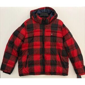 Tommy Hilfiger Puffer Jacket Men Black Red Plaid Hooded - XXL